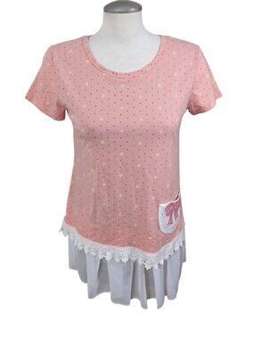Womens Blouse Pink Polka Dot Bow Lace Trim Ruffle Peplum Top Coquette Feminine M